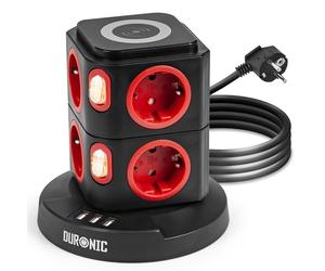 Duronic ET8W Regleta de enchufes múltiple | Cubo de enchufes con 3 Puertos USB y Carga inalámbrica | Base de enchufes de 8 Tomas 3680W 16A | Torre con protección contra sobretensiones | Cable 1,8 m