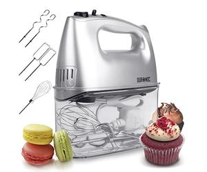 Duronic HM4 SR Batidora de Varillas, Batidora Amasadora Repostería 400W, 5 Velocidades. 2 Varillas Batidoras, 2 Ganchos, 1 Varilla Globo - Acero Inoxidable Grado Alimenticio - BPA Free - Color Plata