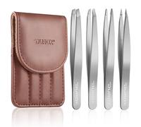 DUROX Set de 4 Pinzas de Precisión: ①Seguridad punta redonda (vello del bigote y facial mujer) ②Puntiaguda para vellos encarnados ③Oblicua de precisión para cejas ④Oblicua clásica en acero inoxidable