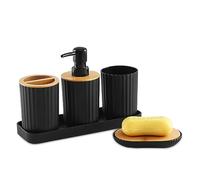 Duscdesp Juego de accesorios de baño de plástico negro, 5 piezas con funda de bambú, incluye dispensador de jabón y soporte para cepillos de dientes