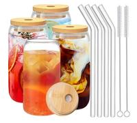 Duscdesp Taza de café helado, tazas de vidrio con tapas y popotes, vasos con tapas de bambú y popote de vidrio, juego de vasos de 16 onzas, tazas con tapas para agua, cóctel (juego de 4 piezas)