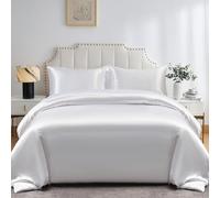 DuShow Juego de Funda de edredón de Color Liso de Seda como satén con Lazos de Cremallera Ocultos Suave y cómodo Juego de edredón, poliéster, Blanco, Doublé