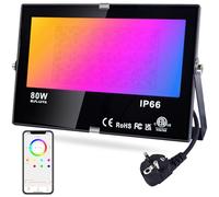DUSKTEC Focos LED Exterior RGB 80W IP66, Foco de Cambio de Color y Luz Calida Regulable Bluetooth, Outdoor Flood Light Luz de Inundación con Enchufe Inteligente Impermeable Para Interior, Jardín