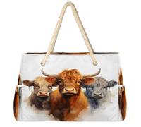 Dusviba Bolsa de playa grande de vaca de las tierras altas con cremallera, impermeable, a prueba de arena, con asas de cuerda, múltiples bolsillos para mujeres, viajes, piscina, gimnasio, vacaciones