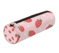 Dusviba Bonito estuche cilíndrico redondo con diseño de lunares de fresa, portátil, para bolígrafos, papelería, cosméticos, viajes, bolsa de almacenamiento con cremallera para niños, adolescentes y