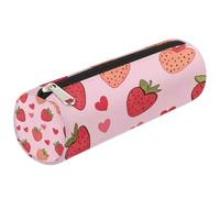 Dusviba Bonito estuche cilíndrico redondo con forma de corazón rojo fresa, portátil, para bolígrafos, papelería, cosméticos, viajes, bolsa de almacenamiento con cremallera para niños, adolescentes y