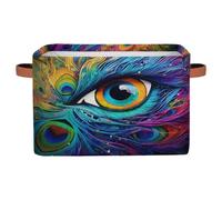 Dusviba Cesta de almacenamiento rectangular de plumas de pavo real con asas de cuero, contenedor de almacenamiento plegable de tela para armario, baño, sala de estar, oficina, organizador de juguetes