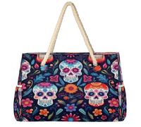 Dusviba Day of the Dead Sugar Skull - Bolsa de playa grande con cremallera, impermeable, a prueba de arena, con asas de cuerda, múltiples bolsillos para mujeres, viajes, piscina, gimnasio, vacaciones