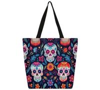 Dusviba Day of the Dead Sugar Skull - Bolsa grande de lona para mujer, bolso de hombro reutilizable con bolsillo interior con cremallera, casual, compras, trabajo, viajes, regalo