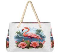 Dusviba Flamingo Hibiscus Coconut Tree - Bolsa de playa grande con cremallera, impermeable, a prueba de arena, con asas de cuerda, múltiples bolsillos para mujeres, viajes, piscina, gimnasio