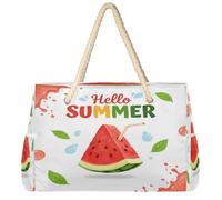 Dusviba Hello Summer Watermelon - Bolsa de playa grande con cremallera, impermeable, a prueba de arena, con asas de cuerda, múltiples bolsillos para mujeres, viajes, piscina, gimnasio, vacaciones