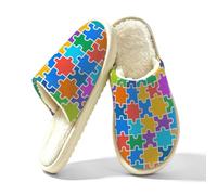 Dusviba Pantuflas coloridas con patrón de rompecabezas para interiores para mujeres y hombres, pantuflas cálidas con forro de felpa para dormitorio, con suela gruesa antideslizante de EVA, zapatos
