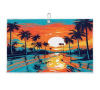 Dusviba Toalla de golf vintage Sunset Beach con árbol de coco para hombres y mujeres, toallas de golf de microfibra súper absorbentes con clip de mosquetón, paño de limpieza ligero de secado rápido