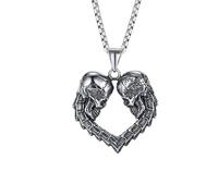 DUTACK Collar gótico con doble calavera con corazón para mujer y hombre, acero inoxidable, joyas de amor eterno, amuleto punk motero, cadena de 60 cm, regalo