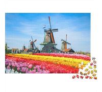 Dutch Windmill Jigsaw Puzzle 1000 Piezas Reciclable Papel Tulip Field Puzzle for Adultoos Divertido and Desafiante Familia Juego Regalo for Hombres‘s Cumpleaños 52x38cm/1000pcs
