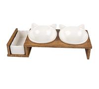 duvoplus, Set de 3 Cuencos de cerámica para Gatos, Modelo Stony Up, Soporte de Madera polywood, 3 Cuencos para Comer, Beber y Hierba para Gatos, Lavable en lavavajillas, 250 ML+350 ML, Blanco