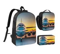 DUWAA Aircraft Plane at Sunsets - Juego de mochila con estampado de aviones al atardecer, bolsa de hombro, bolsa de almuerzo, bolsa para bolígrafos, juego 3 en 1, 17 pulgadas, para mujeres y hombres