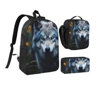 DUWAA Blue Eyes Wolf1 - Juego de 3 mochilas con estampado de lobos, incluye bolsa grande de 17 pulgadas con bolsa de almuerzo y práctica bolsa para bolígrafos, color negro, talla única, Negro, talla