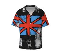 DUWAA Camisas de manga corta para hombre, con estampado de la bandera británica de Londres, camisas casuales ligeras con botones, camisetas de verano para vacaciones en la playa, Negro, 4XL