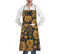 DUWAA Delantal de cocina con estampado de flores doradas, delantal de chef suave ajustable con 1 bolsillo para hombres y mujeres