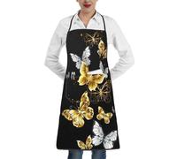 DUWAA Delantales de cocina con estampado de mariposas blancas y doradas, delantales de chef suaves con 1 bolsillo para hombres y mujeres
