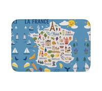 DUWAA Felpudo con diseño de mapa de Francia con iconos, decoración de casa, terciopelo de cristal, felpudo temático para puerta delantera, porche, interior y exterior
