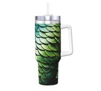 DUWAA Green Fish Print - Vaso de acero inoxidable con asa y popote, botella de agua aislada para coche, regalo de viaje