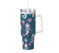 DUWAA Hermoso vaso de paja abatible con estampado de sirena de 40 onzas, apto para portavasos, vaso a prueba de fugas con asa