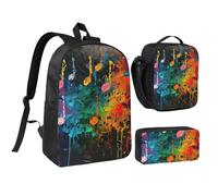 DUWAA Juego de 3 mochilas coloridas con estampado de notas musicales, incluye bolsa grande de 17 pulgadas con bolsa de almuerzo y práctica bolsa para bolígrafos, color negro, talla única, Negro, talla