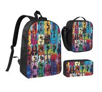 DUWAA Juego de 3 mochilas con estampado acústico y guitarras, incluye bolsa grande de 17 pulgadas con bolsa de almuerzo y práctica bolsa para bolígrafos, Negro -, Talla única