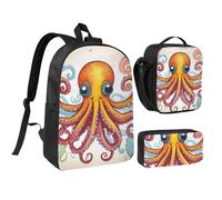 DUWAA Juego de 3 mochilas con estampado de pulpo de color, incluye bolsa grande de 17 pulgadas con bolsa de almuerzo y práctica bolsa para bolígrafos, color negro, talla única, Negro, talla única