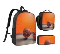 DUWAA Juego de 3 mochilas de baloncesto con estampado naranja, incluye bolsa grande de 17 pulgadas con bolsa de almuerzo y práctica bolsa para bolígrafos, color negro, talla única, Negro, talla única
