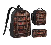 DUWAA Library - Juego de mochila con estampado de biblioteca, bolsa de hombro, bolsa de almuerzo, bolsa para bolígrafos, 3 en 1, juego de 17 pulgadas para mujeres y hombres universitarios, Negro