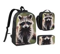 DUWAA Lindo juego de mochila con estampado de mapache, bolsa de hombro, bolsa de almuerzo, bolsa para bolígrafos, juego 3 en 1 de 17 pulgadas para mujeres y hombres universitarios, Negro -, Talla