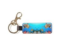 DUWAA Llavero de cuero personalizado con estampado de tortuga con peces coloridos bajo el mar, soporte universal para llavero para bicicletas de coche, llavero