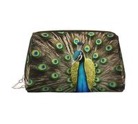 DUWAA Neceser de piel con estampado de plumas de pavo real para mujeres y hombres, regalo de viaje, bolsa organizadora de artículos de tocador para baño y ducha, Dorado, Talla única
