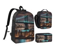 DUWAA New York Manhattan Bridge - Juego de mochila con estampado nocturno de bolso de hombro, bolsa de almuerzo, bolsa para bolígrafos, 3 en 1, juego de 17 pulgadas para mujeres y hombres
