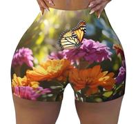 DUWAA Pantalones cortos de correr con estampado de colores vivos Garden2 elásticos de cintura alta para entrenamiento, pantalones cortos deportivos suaves para el hogar, Negro, S