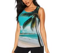 DUWAA Playera con estampado de palmeras para mujer, camiseta sin mangas de secado rápido, atlética, correr, yoga, para gimnasio y todos los días, Negro -, M