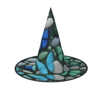 DUWAA Sombreros colgantes de bruja con estampado de mariposa azul y piedra verde, accesorios de disfraces, decoraciones para el hogar, patio, porche, 3 piezas