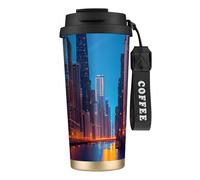 DUWAA Taza de café aislada de acero inoxidable con estampado nocturno de Chicago, taza de camping, vaso de café para hombres y mujeres