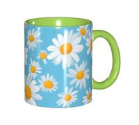DUWAA Taza de cerámica con estampado de margaritas blancas en fondo azul claro con caja de regalo, hermosas tazas de café para regalo de cumpleaños, café y leche, 6 colores