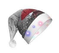 DUWAA Torre Eiffel París Street rojo paraguas impreso LED de felpa gorro de Papá Noel, divertidos sombreros de Navidad para adultos, accesorios de fiesta de Año Nuevo