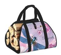DUWAA Transportador grande de leña con estampado de flores rosas y libélulas azules con asas para un fácil transporte y estufa de leña, 48 x 101 cm