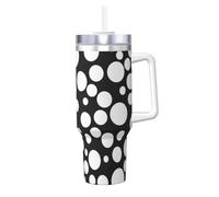 DUWAA Vaso con pajilla abatible con estampado de lunares en blanco y negro, de 40 onzas, apto para portavasos, vaso a prueba de fugas con asa