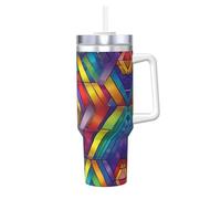 DUWAA Vaso con pajilla abatible con estampado geométrico de arco iris, de 40 onzas, apto para portavasos, vaso a prueba de fugas con asa
