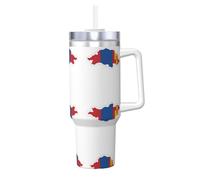 DUWAA Vaso de acero inoxidable con diseño de mapa de la bandera de Mongolia de 40 onzas con asa y popote, botella de agua aislada para coche, regalos de viaje