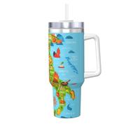 DUWAA Vaso de paja abatible con diseño de mapa de Italia con iconos de comida, vaso de 40 onzas, apto para portavasos, vaso a prueba de fugas con asa