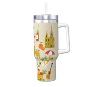DUWAA Vaso de paja abatible con estampado de símbolos de cultura europea, vaso de 40 onzas, apto para portavasos, vaso a prueba de fugas con asa