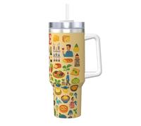 DUWAA Vaso de paja abatible con impresión artística de cultura alimentaria de Francia, vaso de 40 onzas, apto para portavasos, vaso a prueba de fugas con asa